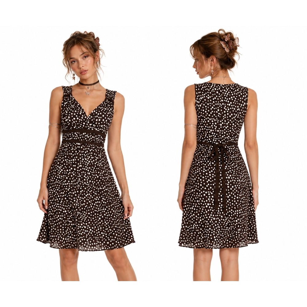VTG 90s Y2K Polka Dot Babydoll Dress M Brown Fit & Flare Tie Back‎ Retro Pinup